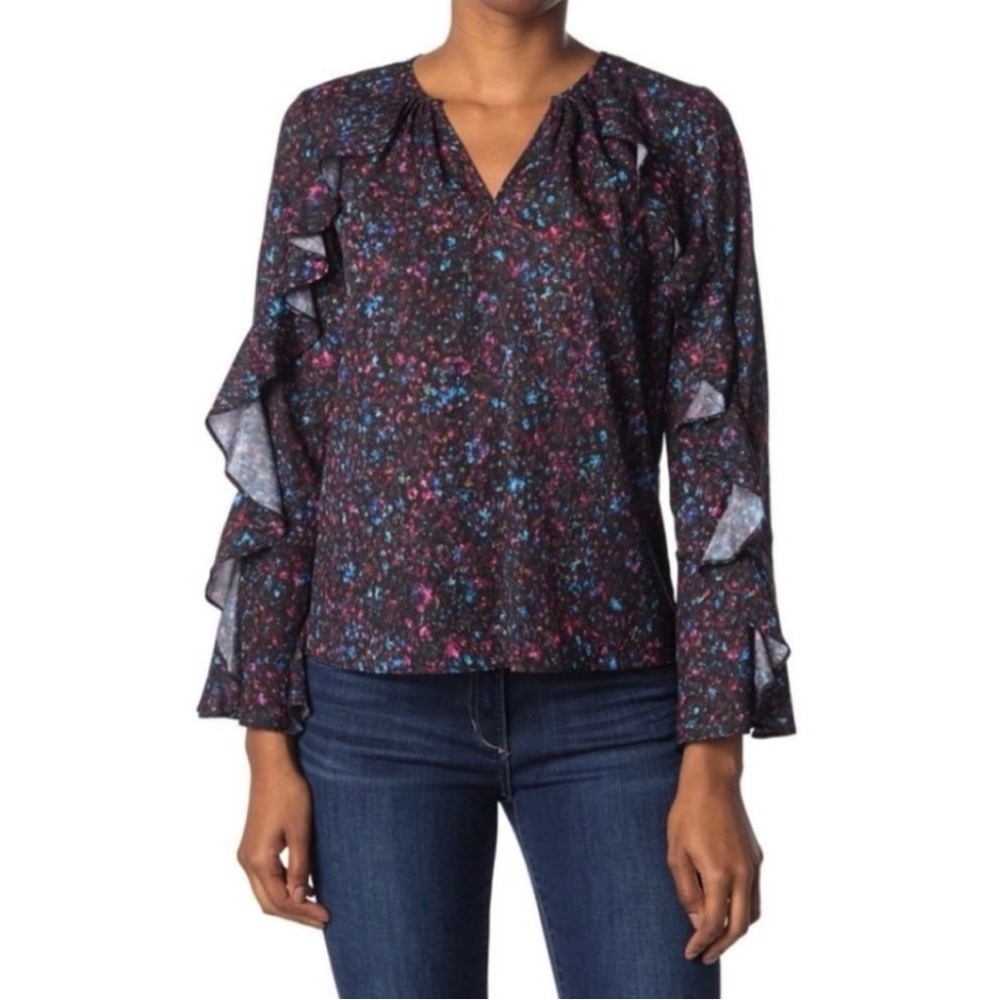 PARKER Flouncy Ruffle Long Sleeve Split Neck Floral Blouse, Mini Ditsy, Small